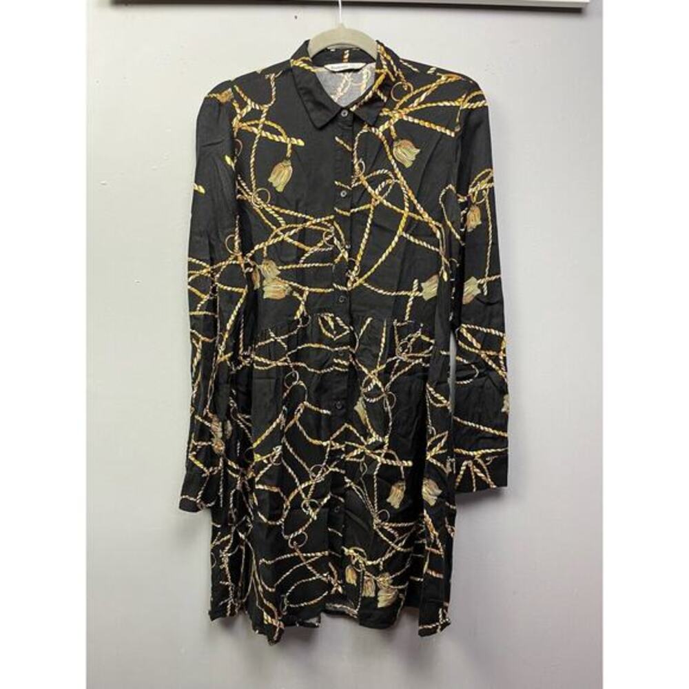 Stradivarius Shirt Dress Womens Small Black Gold Rope Tassel Print Long Sleeve